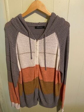 Hooded Zip Cardigan in Gray with Cream, Rust & Olive Stripes